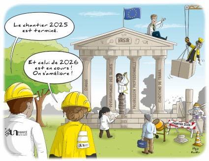 The illustration depicts continuous improvement, with the completion of a project in 2025 and the start of a new one in 2026, symbolizing a dynamic of progress and improvement in the areas of ethics, talent development, career advancement, and working conditions.