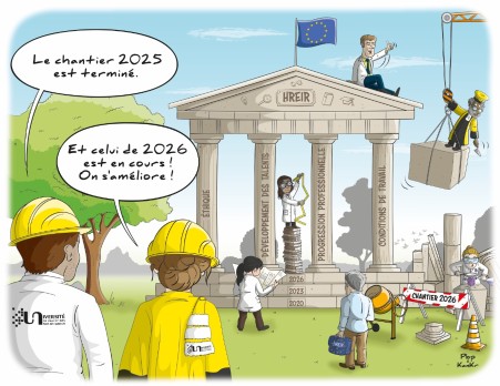 Par Pop & Krankr (cliquez pour agrandir) Le dessin illustre une amélioration continue, avec la fin d’un chantier en 2025 et le début d’un nouveau chantier pour 2026, symbolisant une dynamique de progrès et d’amélioration dans les domaines de l’éthique, du développement des talents, de la progression professionnelle et des conditions de travail.