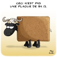 Dessin humoristique mouton carr&eacute; "Ceci n'est pas une plaque de BA 13".